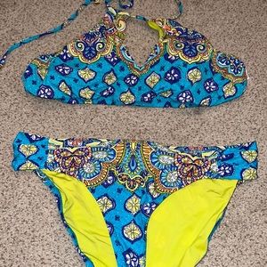 Trina Turk teal yellow halter bikini 12 large